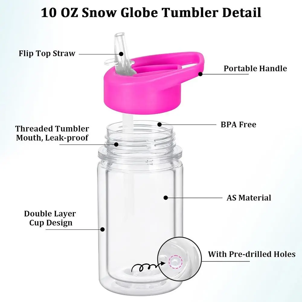 NEW 300ml Capacity Snow Globe Tumbler Reusable Double Layers Water Bottles Break-Resistant Pre-Drilled Mason Jar Cups Children