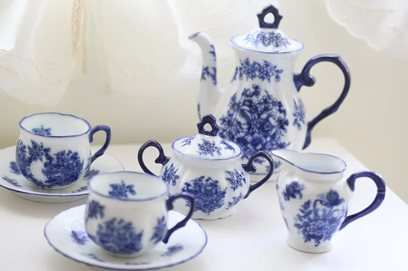Blue and white style ceramic underglaze color teapot cup dish milk pot
