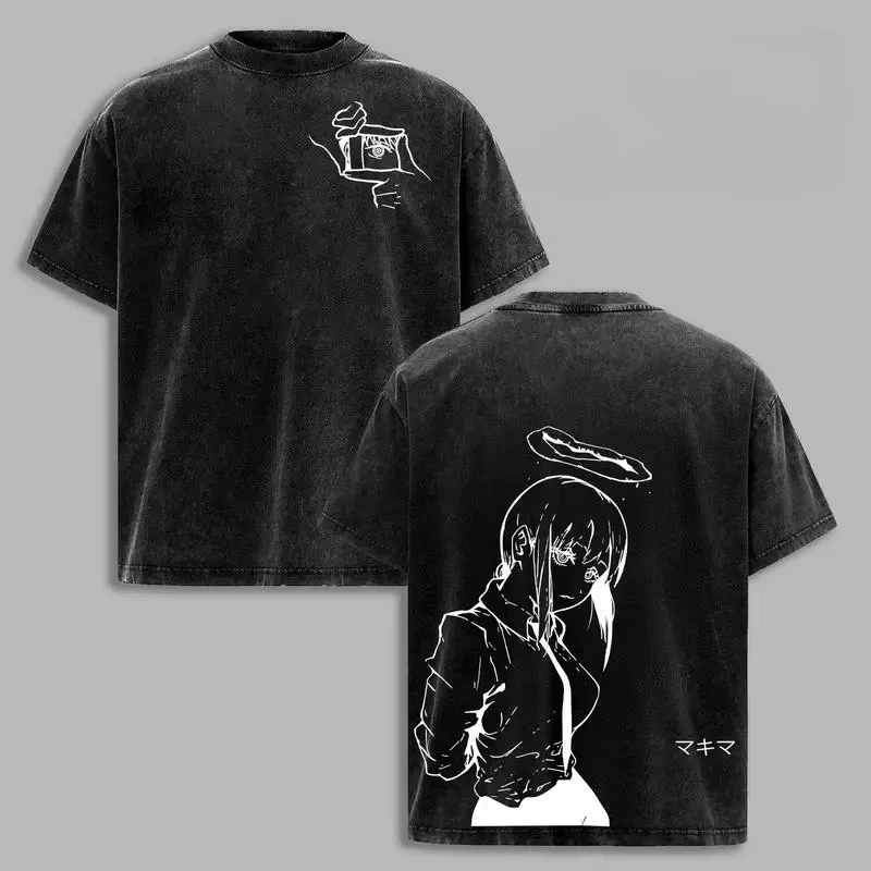 2026 Anime Chainsaw Man Makima Printed T-shirt Men's and Women's Washed T-shirt High Quality Vintage Cotton T-shirt Harajuku Top