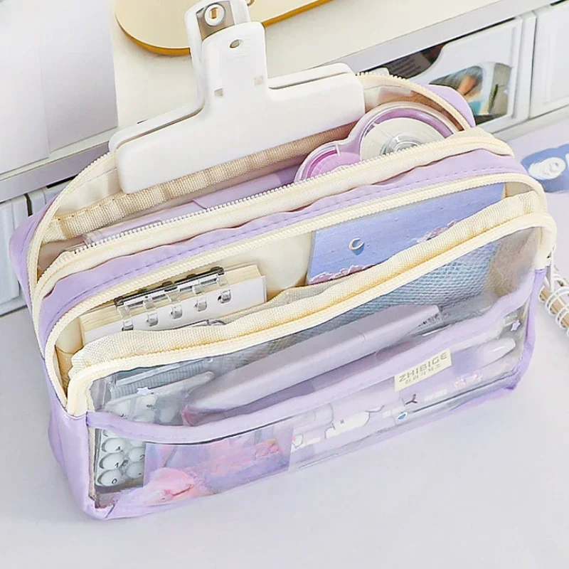 Imagem -04 - Grande Capacidade Transparente Pencil Bolsa Candy Color Pen Case Zipper Pouch Grande Titular Papelaria Material Escolar Roxo