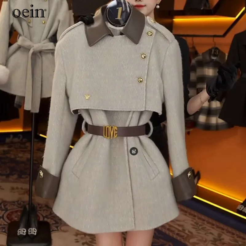 [oein] Small Woolen Spliced Cotton Women 2024 New Winter, This Year's Popular Short Jacket