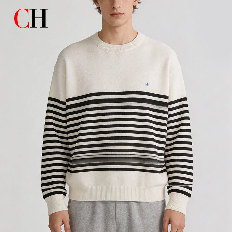 CH Men's Striped Knit Sweater Crew Neck Long Sleeve Casual Loose Pullover Winter Jumper