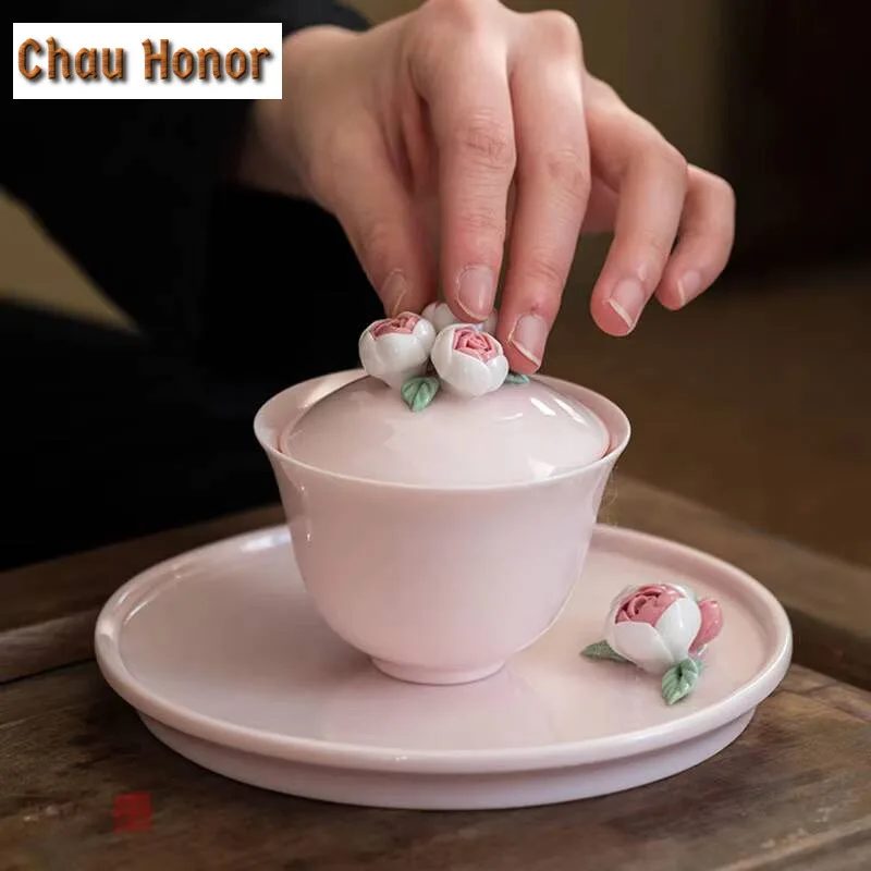 

100ml Jade Mud Powder Hand Pinching Flowers Sancai Covered Bowl Ceramic Household Tea Bowl Kung Fu Tea Set Infuser Accessories