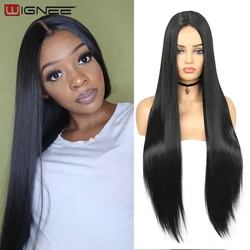 Wignee Long Straight Wig 30 Inch Black Wig Middle Part Lace Wigs With High Lights Synthetic Hair Wigs For Black Women Cosplay