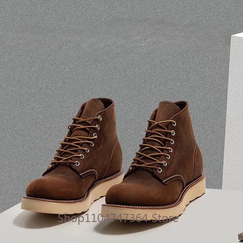 Handmade Cowhide Chelsea Western Boots Men's Shoes Platform Thick Sole Casual Outdoor Hiking High Top Motorcycle Boots Male