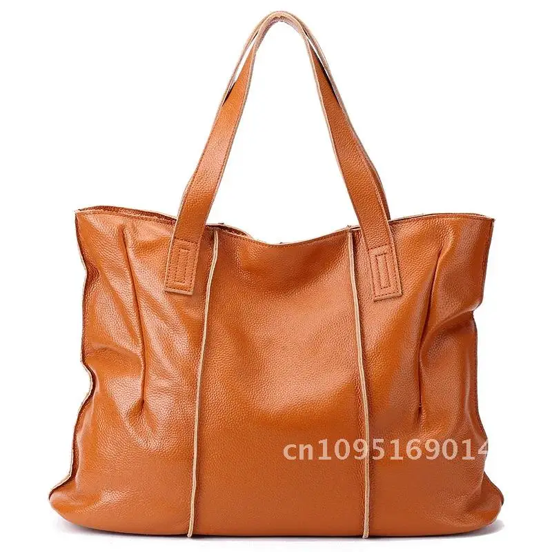 

100% Genuine Leather Handbags Large Capacity Women Shoulder Bag Retro Tote Bags Brown Quality Hobos High Shopping Purse Travel