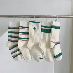 Lady's Stockings Color Matching Long Tube Cotton Socks White Embroidery Green Stripe You Can Wear It All Year Round Stockings