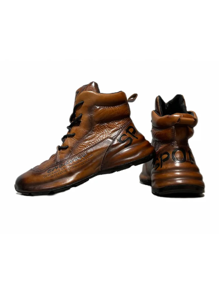 Fashion Men High Top Genuine Leather Work Shoes Thick Platform Lace Up Moto Biker Safety Shoes Letters Casual Sneakers Footwear
