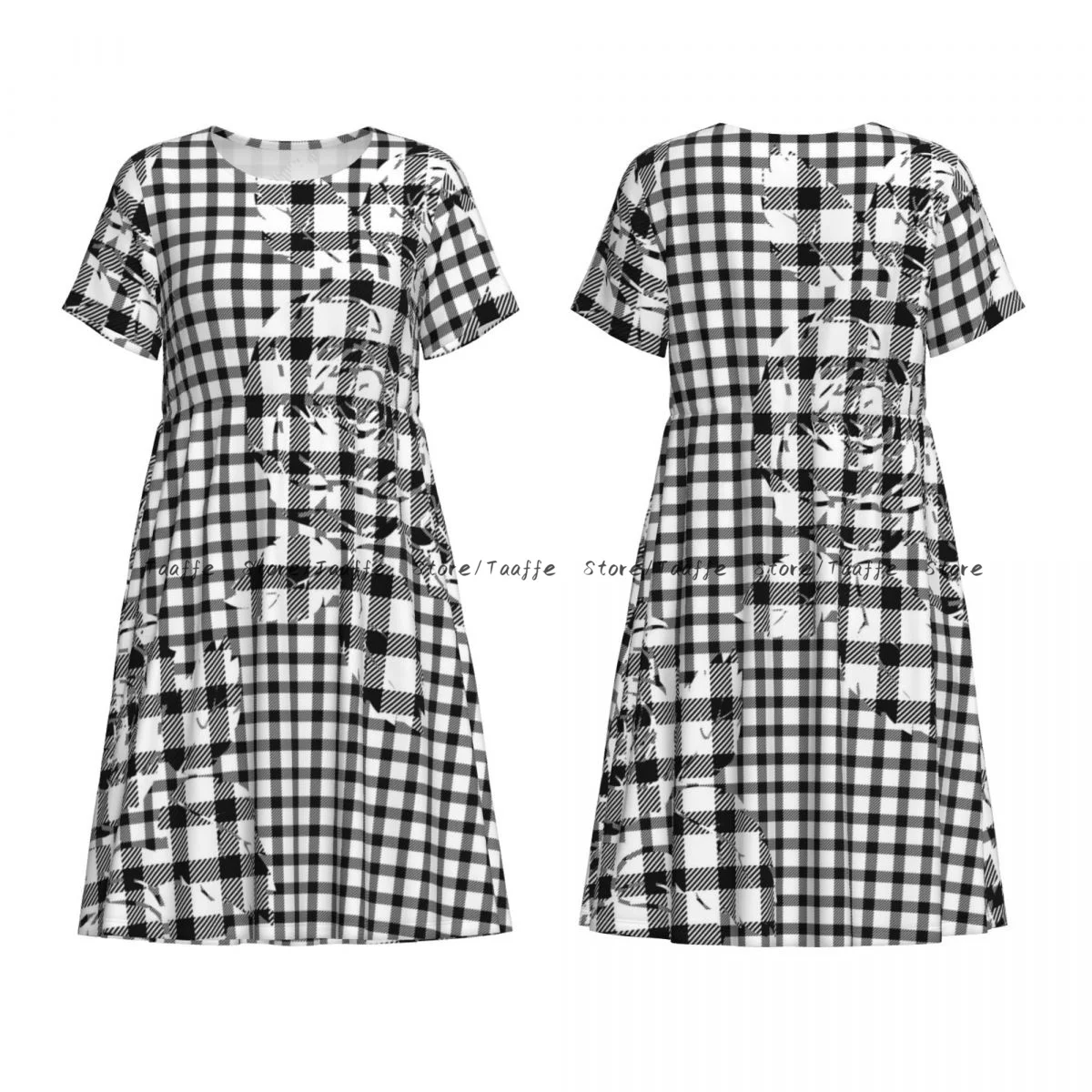Women Dress Black Plaid With Flowers Summer Elegant O Neck Short Sleeve Female Casual Loose Long Dress