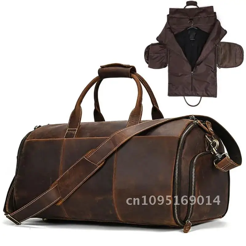 Crazy Horse Leather Folding Suit Bag Man Business Travel Bag With Luggage Suits Shoe Clothes Cover Pocket Man Duffel Bag For Bag