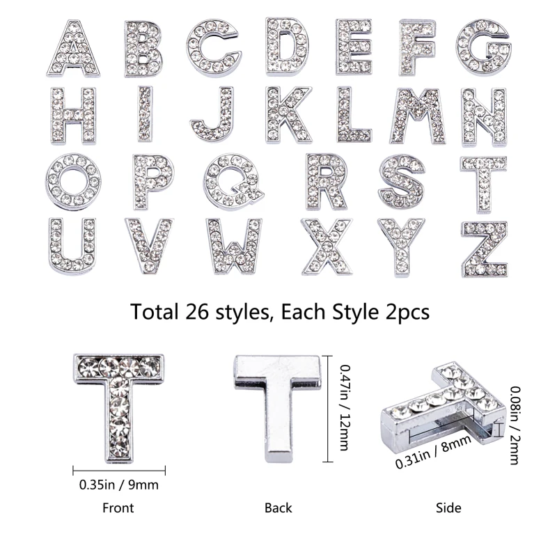 52pcs/box Eco-Friendly Zinc Alloy Slide Charms with Rhinestone Platinum Plated Letter A~Z Crystal 12x3~12x4.5mm Hole: 8x2mm