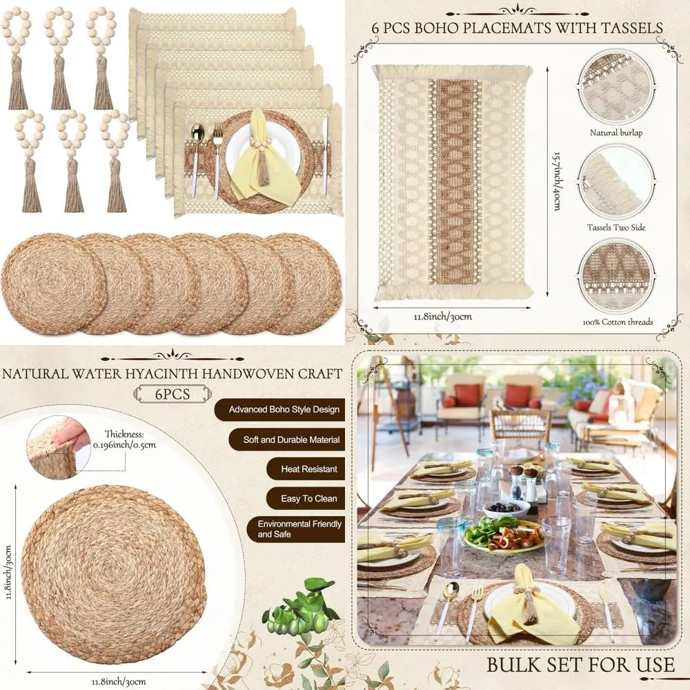 

6 комплектов/18 шт. салфетки в стиле бохо, коврики из мешковины из натурального хлопка и травы, декор стола в стиле макраме и салфетки в стиле фермерского дома с