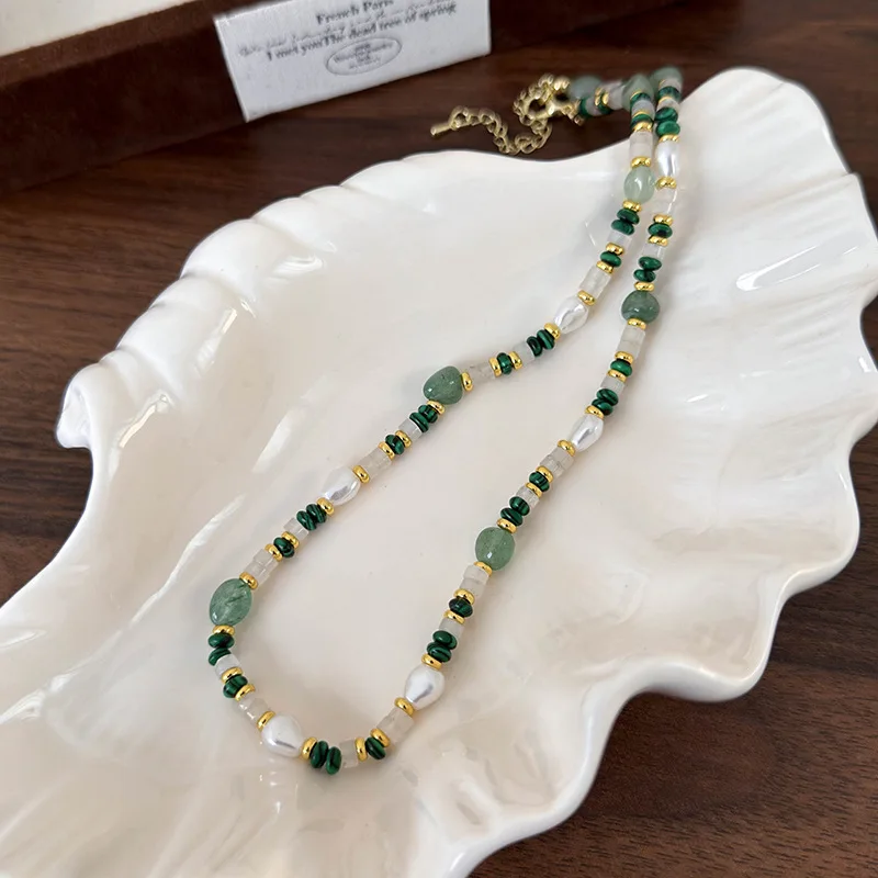 Minar Wholesale Green Color Natural Stone Malachite Simulated Pearl Strand Beaded Necklace for Women Gold Plated Chain Chokers