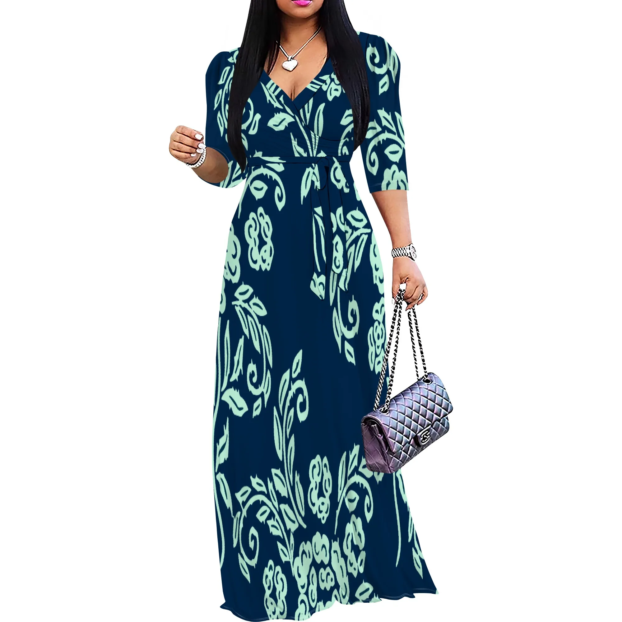 Plus Size Maxi Dress for Women Casual Summer Sundress V-Neck 3/4 Sleeve
