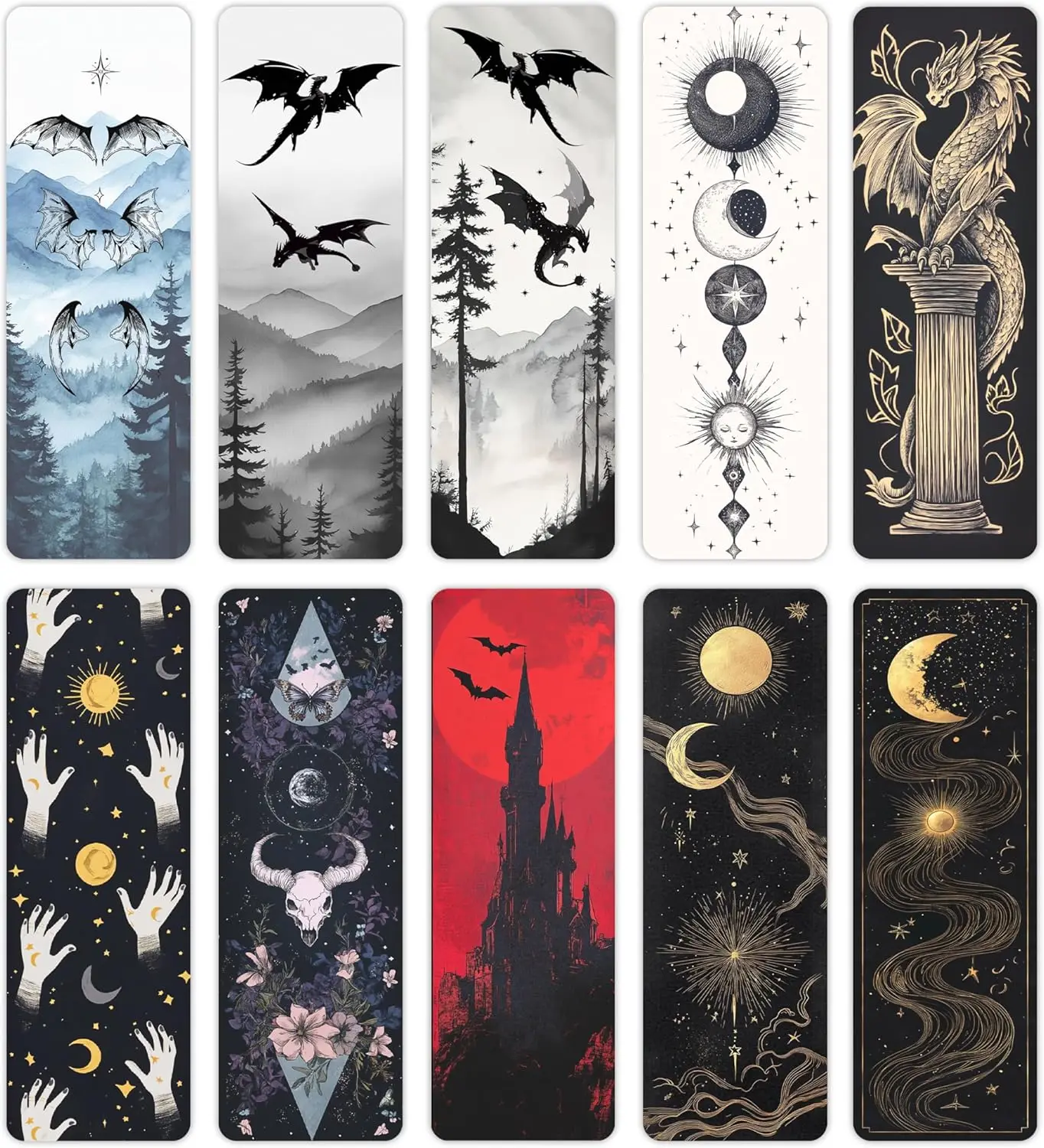 

Fantasy Bookmarks for Book Lovers, Gothic Horror Tarot Witchy Dragons Set of 10 (6'' X 2'')