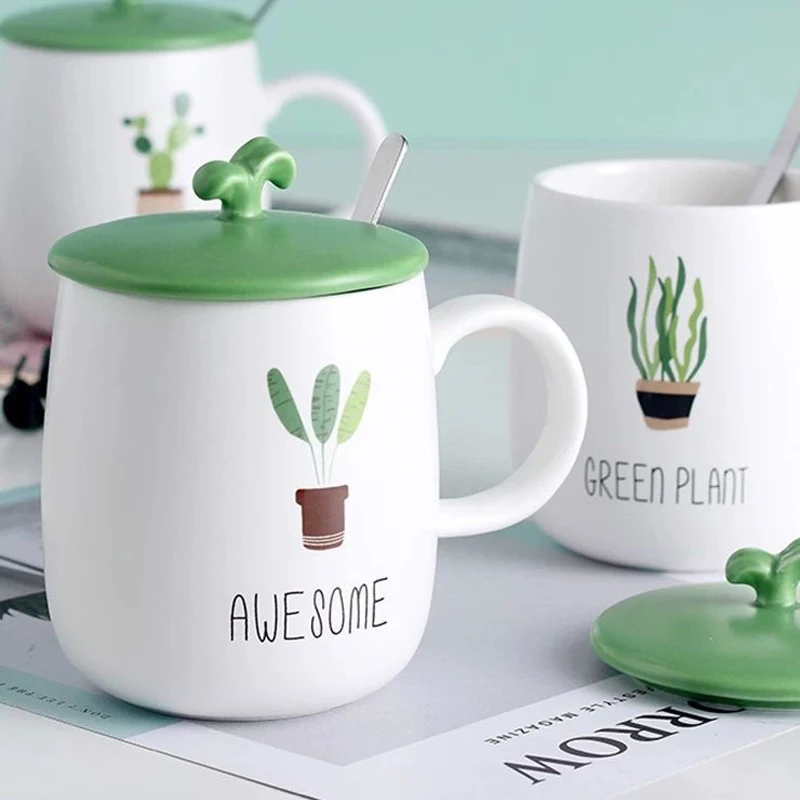 Cartoon Cactus Shape Mug, Ceramic Mark Cup, Cover Handle Spoon Breakfast Coffee Milk Tea Fruit Juice Household items, 420ml, 1Pc