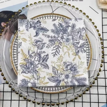 ゴールドプリントナプキンの交換、花の紙、結婚披露宴、ワイングラス、蝶、骨、芸術、DIY、ブルームブルー、2プライ、10個、パックあたり20個