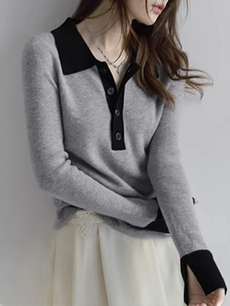 Autumn Knitted Sweater Women Casual Flare Sleeve Polo Collar Pullover Female Korean Fashion Elegant Slim Button Basic Knitwear