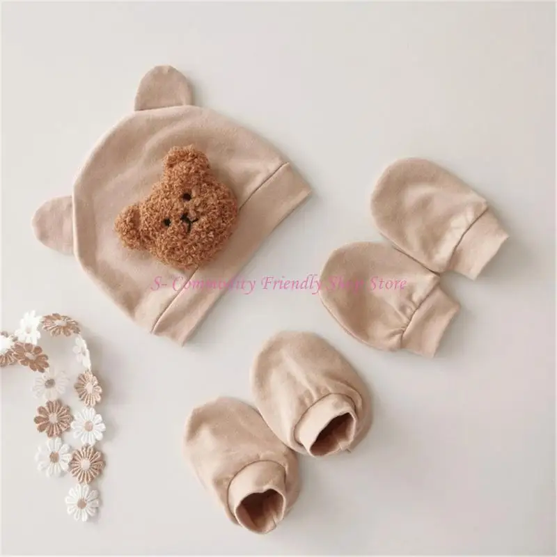 

85AE Newborns Baby Hat & Anti Scratches Gloves and Socks Set Cartoon Headwear Anti-grab Mittens and Foot Cover for Boys Girls