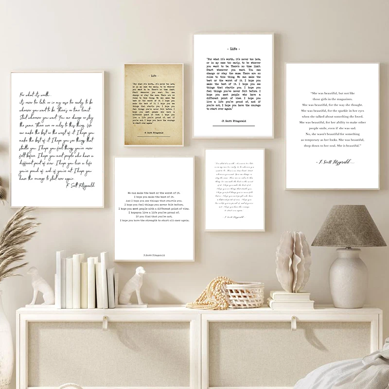 Affiche avec citation et poème de Scott Fitzgerald, art mural moderne et inspirant, peinture sur toile, décoration de la maison