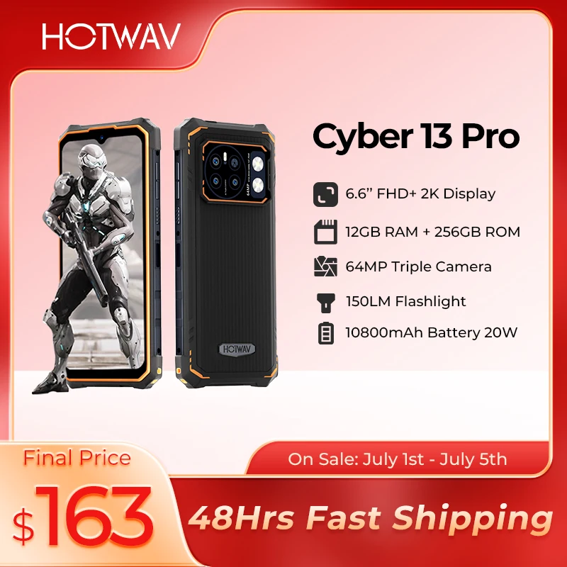 

HOTWAV Cyber 13 Pro Rugged Smartphone 150LM Flashlight 20GB+256GB 6.6'' FHD+ 2K Display MobilePhone 10800mAh 64MP Cellphone