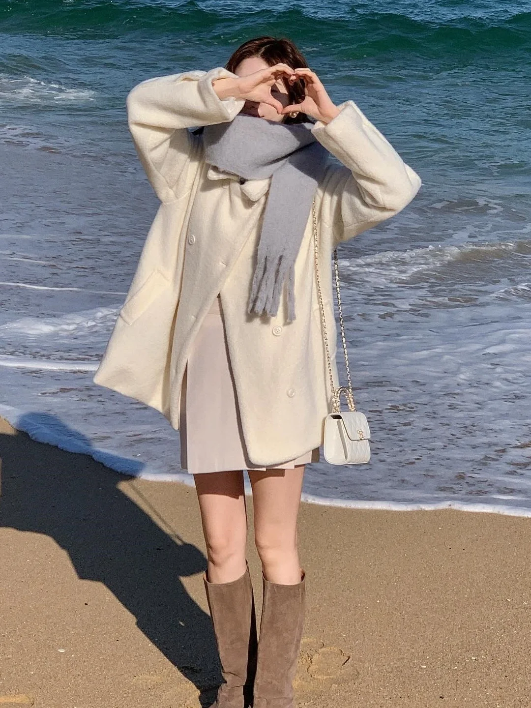 Ele hiver blanc manteau en laine femme Faion petite taille Double rangée boutons trajet décontracté scénarios centre commercial même Sle