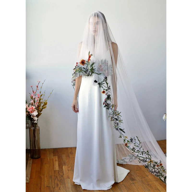 2T Floral Bridal Wedding Veils Cathedral With Blusher Long Colorful Accessories For Brides Unique Forest Green Leaves Fulle Edge