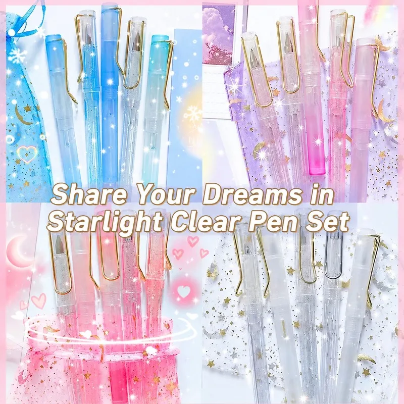 Fountain Pen with Star Pouch, Gradient Color High Cute Pen for Students Girls, Calligraphy Pen with Ink Cartridges