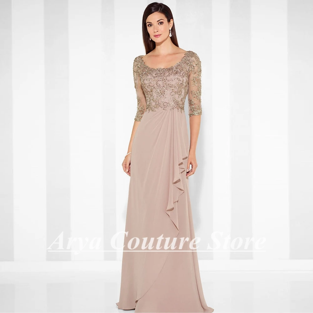 A-Line Chiffon Mutter der Braut Kleider Halbarm Falten Bodenlangen Scoop Spitze Appliques frauen Kleid für Hochzeit gast