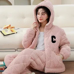 New Autumn Winter Coral Velvet Pajama Sets For Women Three-layer Quilted Thickened Warm Flannel Home Clothes Feamle Loungewear