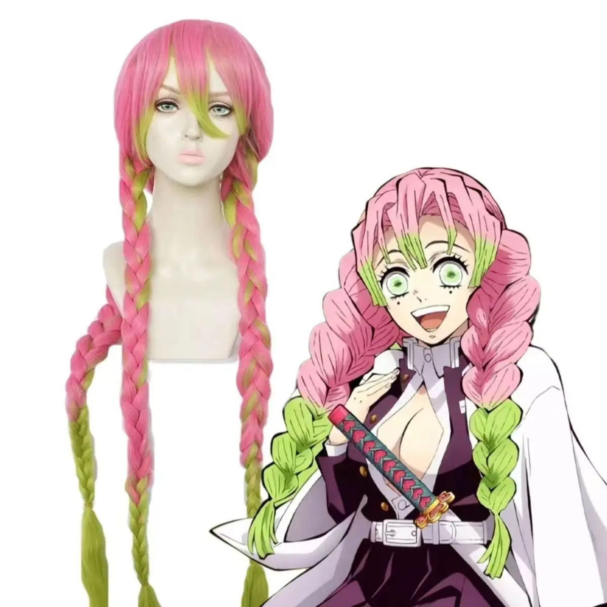 ‌Kimetsu no Yaiba Demon Slayer - Mitsuri Kocho Cosplay Wig, Pink Hair Anime, Ready to Wear