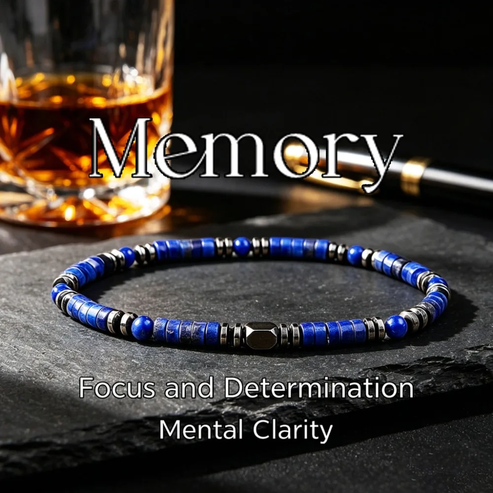 Lapis lazuli elastic memory bracelet with metal spacers, stackable beaded wrist accessory, unisex vintage fashion accessory gift