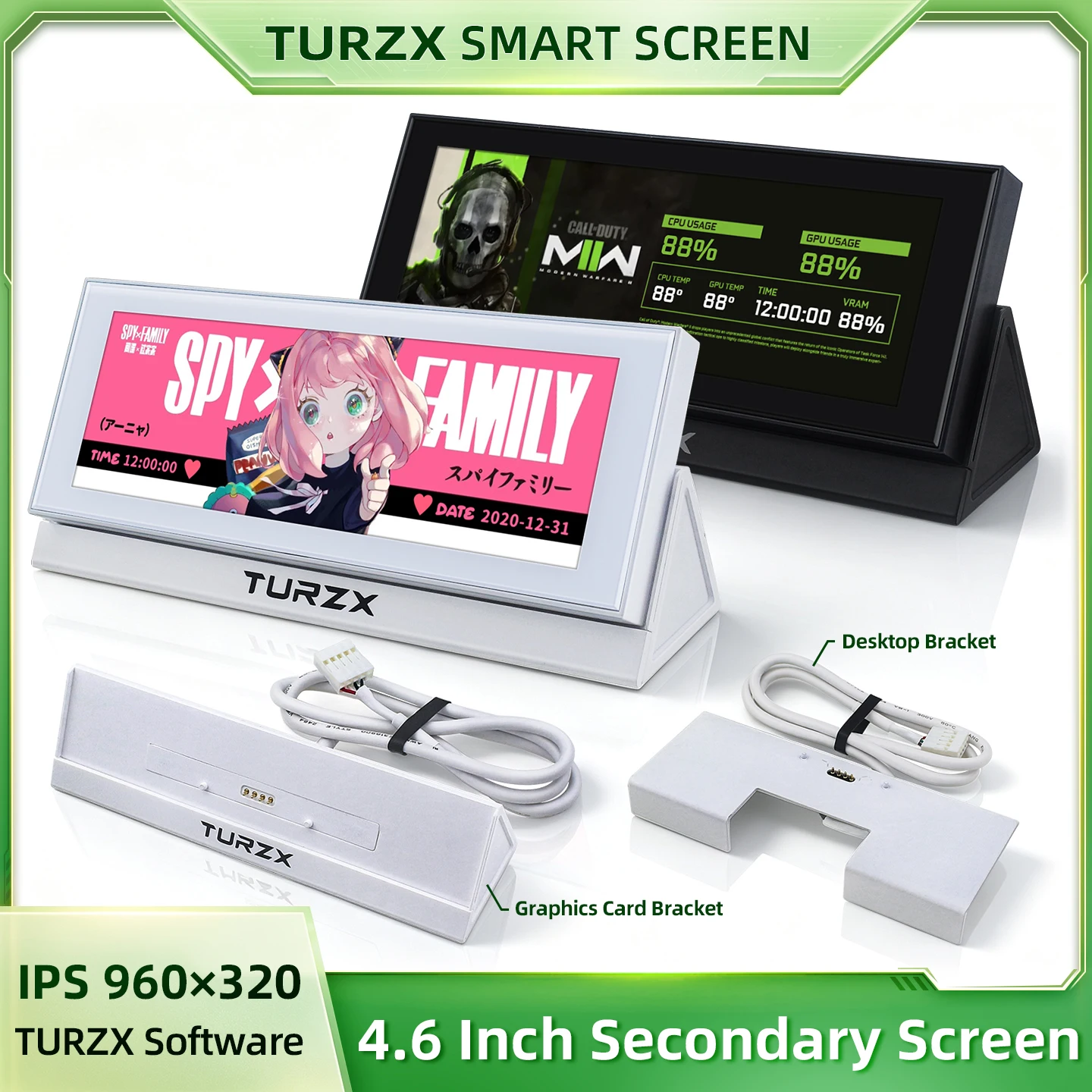 TURZX 4.6 Inch Secondary Screen IPS 960x320 Display Expansion Screen CPU GPU RAM Computer Monitor for Windows Graphics Card