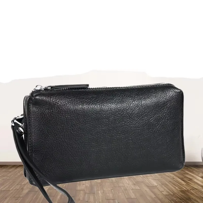 Genuine Leather Handbag For Men's Soft Leather Retro Casual Top Layer Cowhide Long Wallet With Large Capacity Zipper Phone Bag