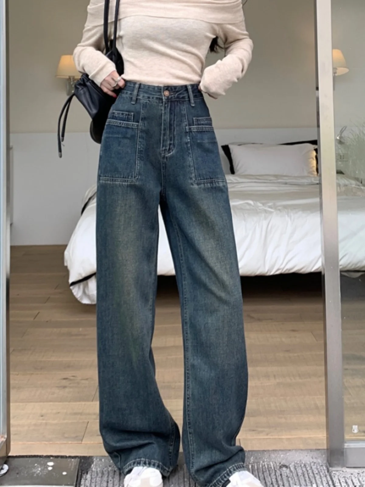 

Джинсы с высокой талией и широкими штанинами для высоких женщин, осенняя новинка, повседневные однотонные длинные прямые брюки, темные или светлые, C...