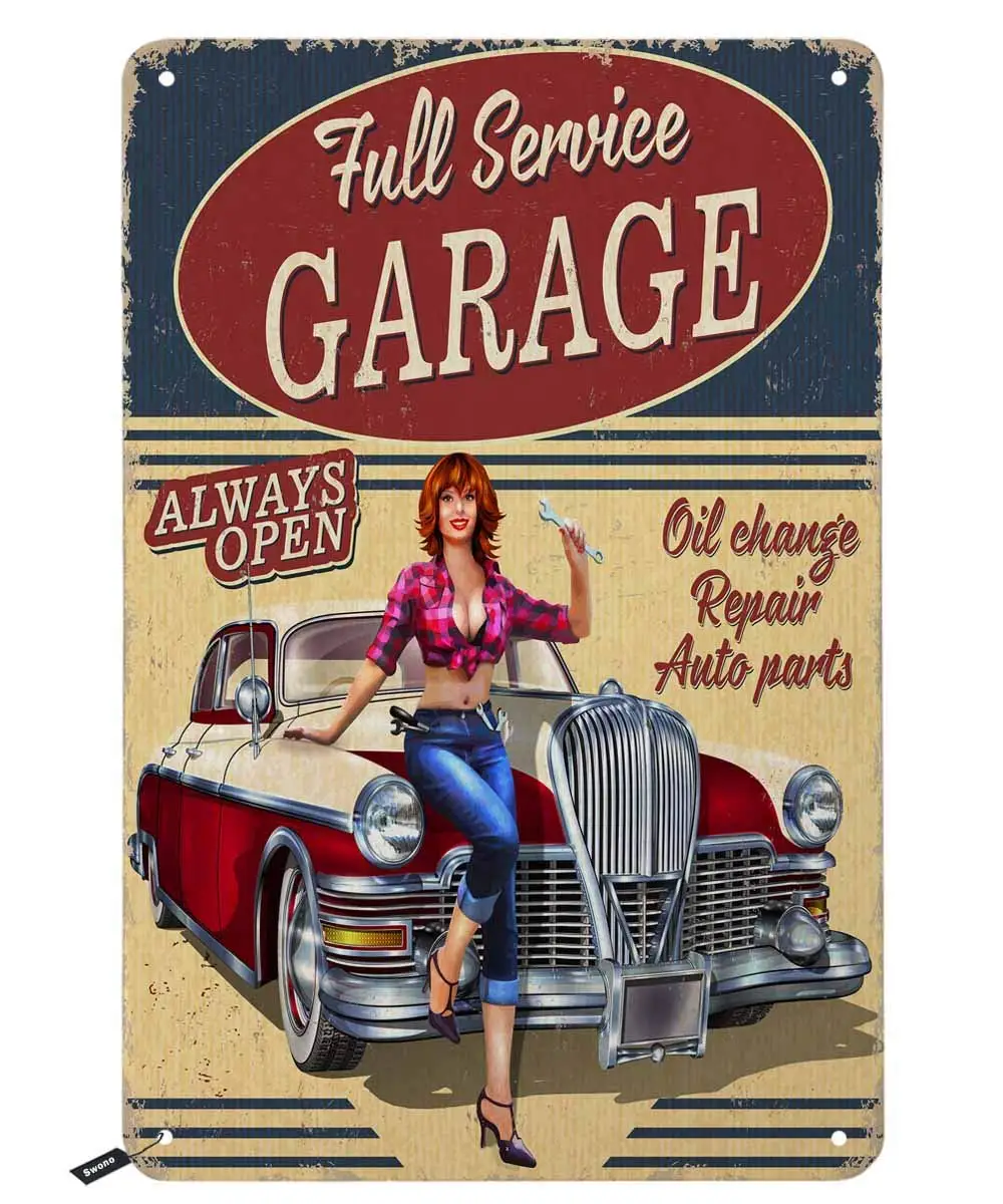 Swono Full Service Garage Tin Signs,Pink Up Girl with Car and Letter Oil Change Repair Auto Parts Vintage Metal Tin Sign for Men