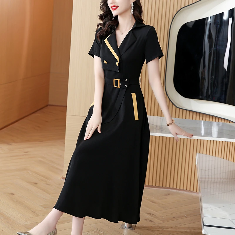 

ZUO MAN RU 2023 Summer New Black Silk Short Sleeve Dress Women's Suit Collar Belt Waist Slim Large Swing Long Dresses