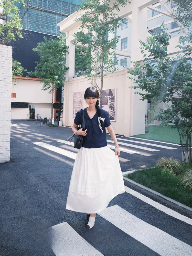 

Белая юбка А-силуэта из чистого хлопка, свободная, скрывающая талию, стройнящая, удобная, дышащая, повседневная, со средней посадкой на талии