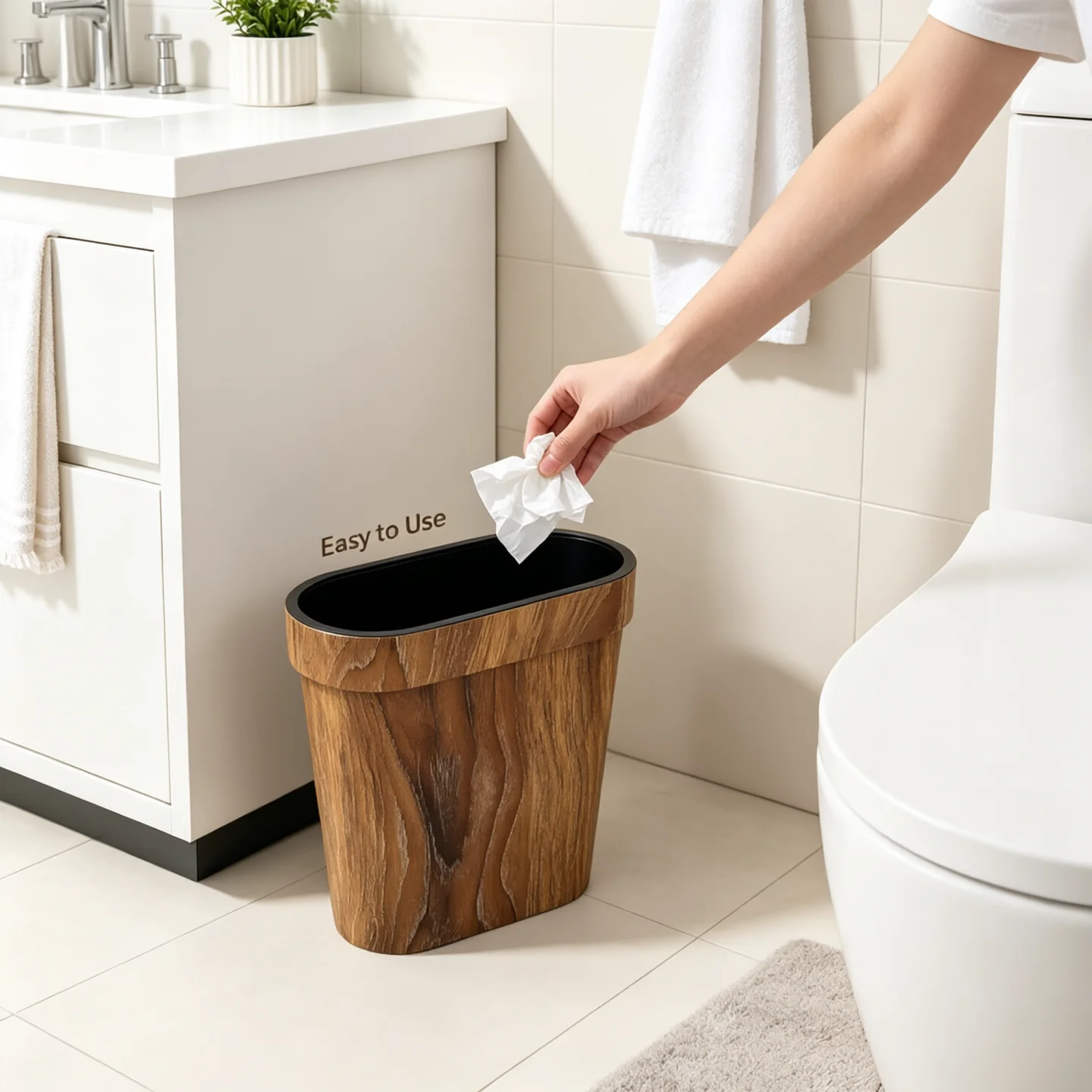 Rustic Wood Texture Trash Bin with Press Ring, Narrow Decor Waste Basket for Mid-century Home Interior