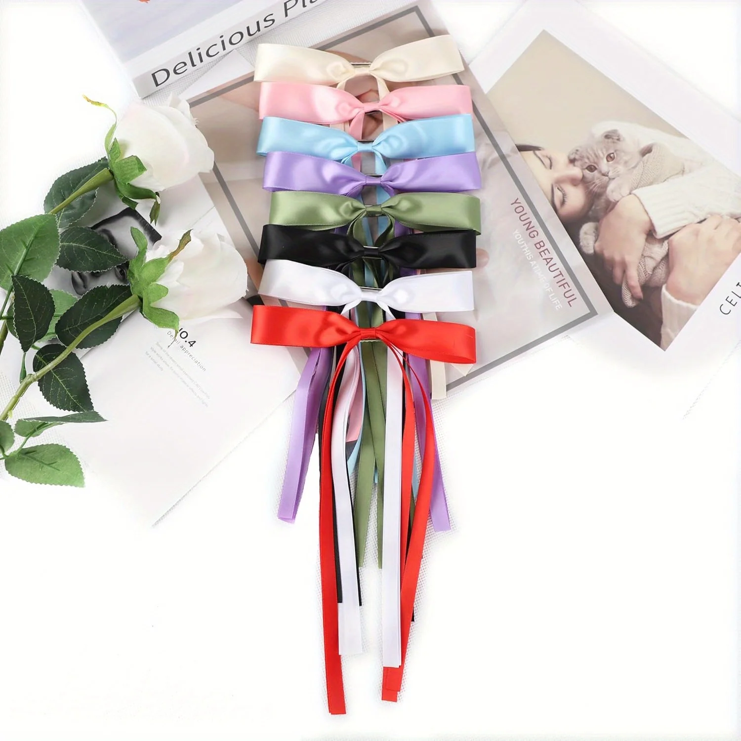 

Набор из 8 бантов для волос с длинными лентами для женщин, заколки-бантики с кисточками