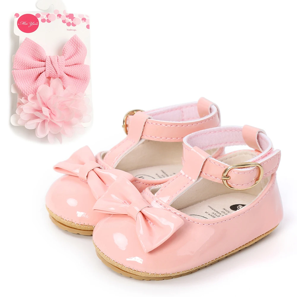 BabyInfant Girls Bowknot Princess Wedding Shoes Newborn Baby Sneaker Shoes with Headbands Mary Jane Flats Prewalker 0-18M