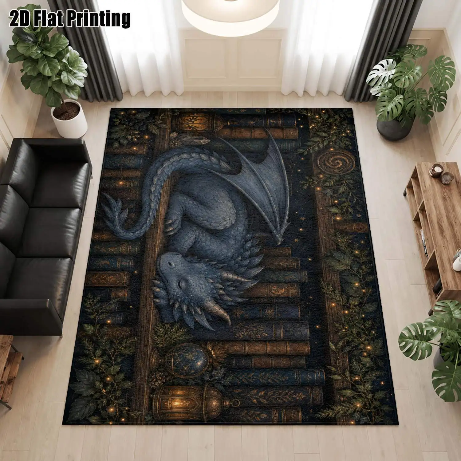1Pc 2D Printed Blue Dragon Retro Carpet: Fits European, Bohemian Decor, Various Sizes, Machine Washable, Ideal for Entrance, Dining Room, Foyer, Bedroom, Study