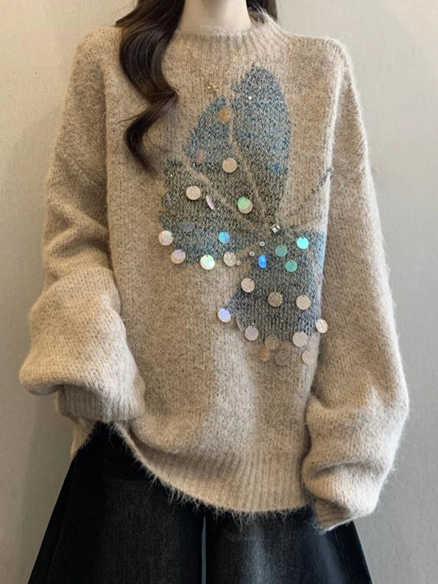 

Женский теплый вязаный свитер оверсайз с объемной вышивкой и пайетками, с длинными рукавами и круглым вырезом, утолщенный, для зимы