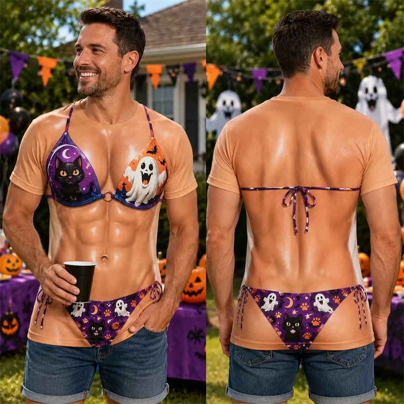 Mens Women Halloween Humor T‑Shirt Realistic Fake Bikini Printed Short Sleeve Tee Novelty Cosplay Outfit for Holiday Gathering