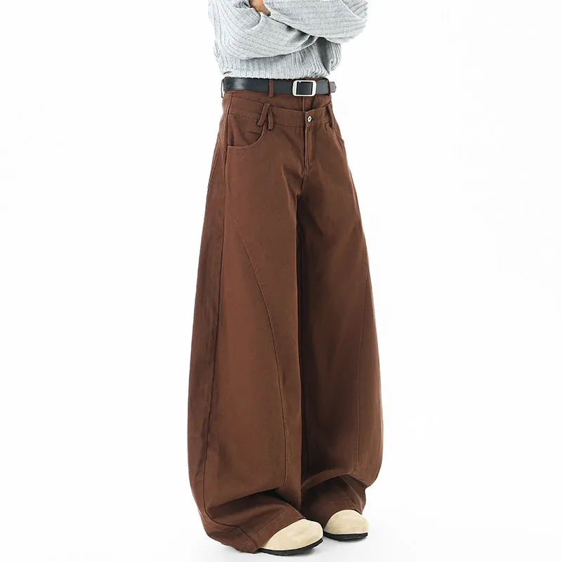 

Американские ретро-брюки темно-коричневого цвета, свободные повседневные брюки унисекс с плиссировкой и двойным поясом, длина в пол