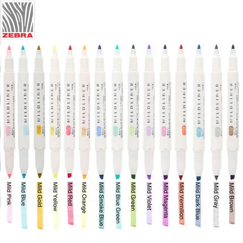 

1Pc Zebra MildLiner Highlighter Marker Double-Sided Round Toe/Oblique Mild 15 Colors for Choose Office and School Supply