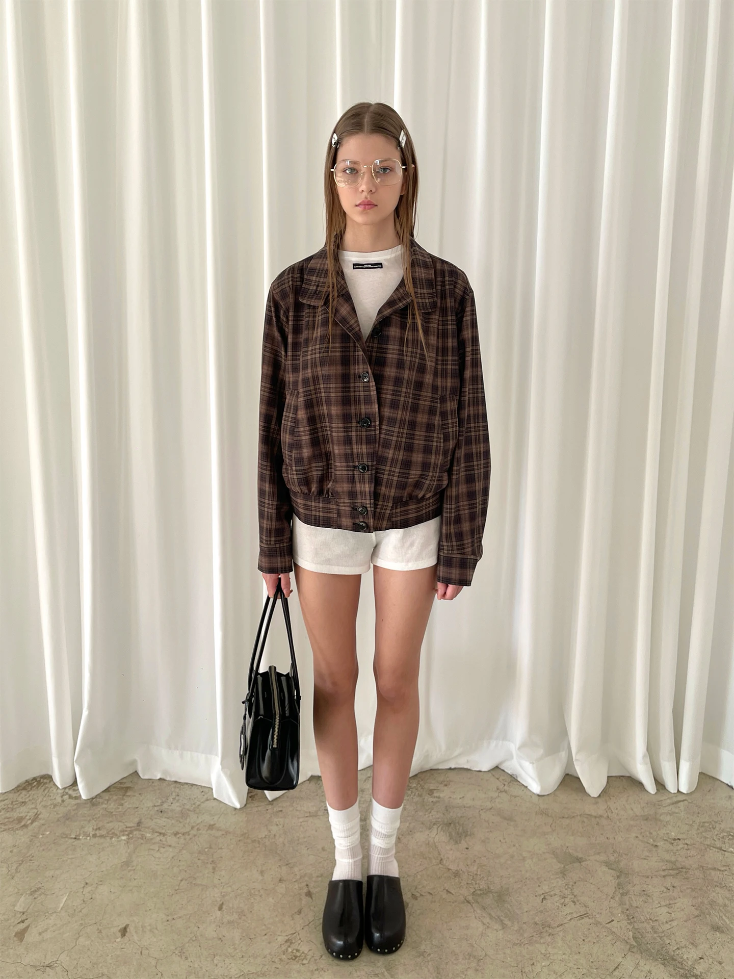 

Caramel Plaid Stand Collar Jaet for Women Casual Sle ort Coat Button Closure Long Sve Polyester Fiber Winter Outerwear