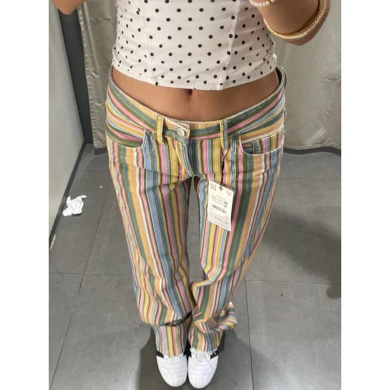 

American Vibe Contrast Stripe Low Waist Jeans Women Slimming Comfortable Loose Straight Wide Leg Denim Trousers 2026 Daily Wear
