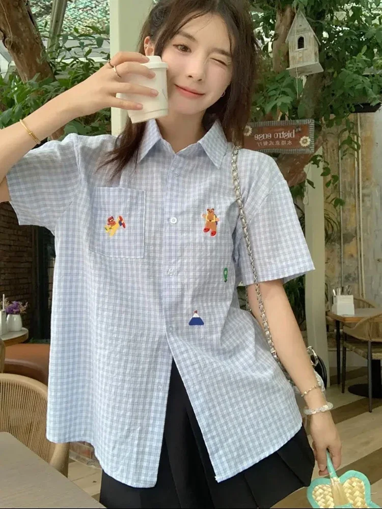 

Korean Plaid Embroidery Student Women Shirt Summer Casual Cartoon Simple Female Blouse Commuting All Match Chic Cute Ladies Tops