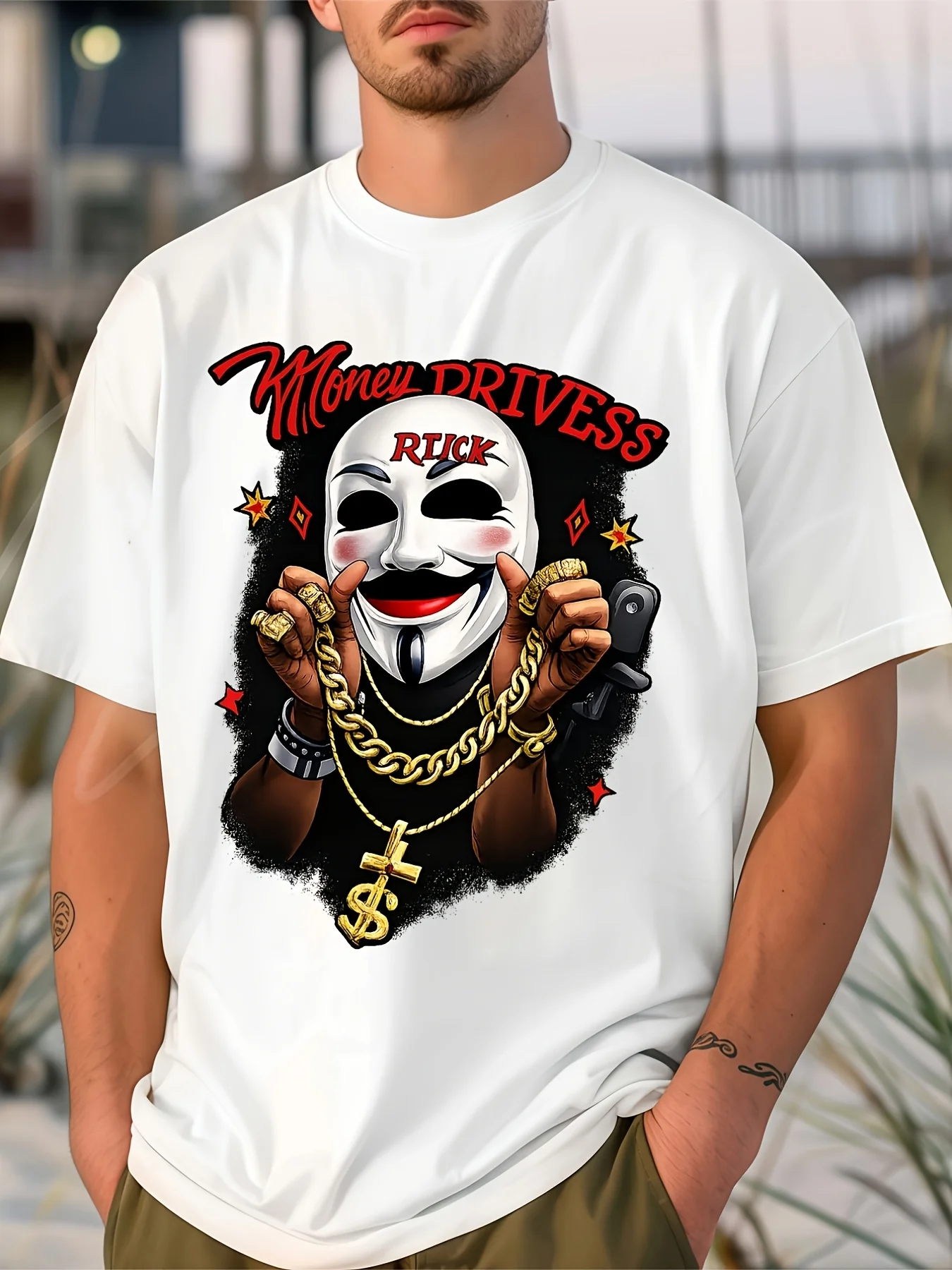 Men's Money Drives Ruck Mask Graphic T-Shirt - 100% Cotton Soft Round Neck Casual Streetwear Suitable for Fans, Machine Washable Unisex Tee with Iconic Mask Print, Affordable Gift for Daily Wear